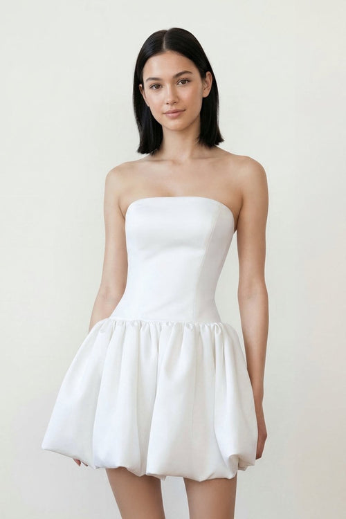 Ivory Taffeta Mini Graduation Dress With Bubble Hem - KissProm