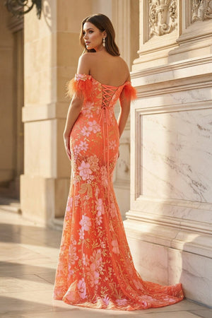 Orange Off-the-Shoulder Mermaid Lace Long Prom Dresses With Split – Prom Dresses by KissProm | Available at KissProm
