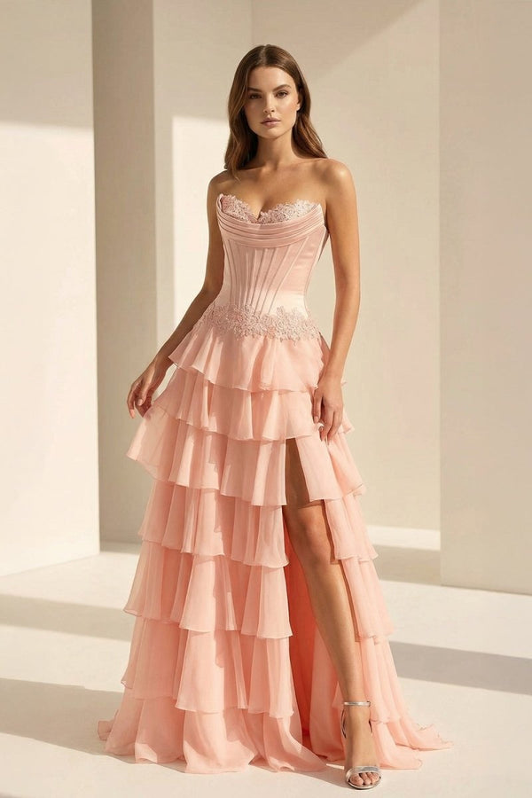 Jaleira | Pink - Sweetheart Chiffon Ruffled A Line Formal Prom Dresses With Appliques - KissProm