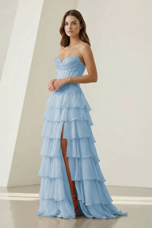 Jaleira | Pink - Sweetheart Chiffon Ruffled A Line Formal Prom Dresses With Appliques - KissProm