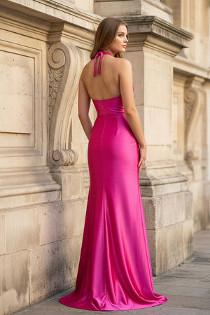 Floral Applique Halter Fuchsia Mermaid Prom Dress with Cut - out - KissProm