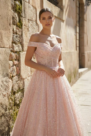 Sparkly Blush Pink Off - the - Shoulder Surplice Long Prom Dress - KissProm