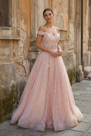 Sparkly Blush Pink Off - the - Shoulder Surplice Long Prom Dress - KissProm