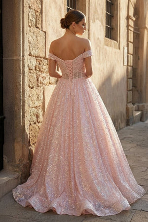 Sparkly Blush Pink Off - the - Shoulder Surplice Long Prom Dress - KissProm