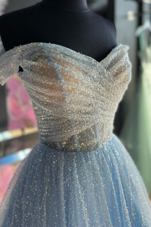 Jayla | Sparkly Sky Blue - Off-the-Shoulder Surplice Long Prom Dress -KissProm