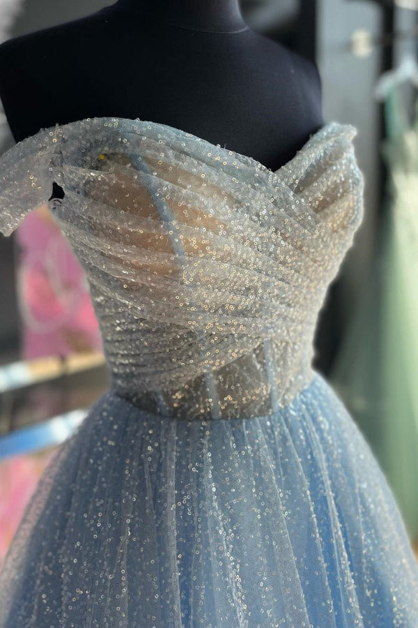 Jayla | Sparkly Sky Blue - Off-the-Shoulder Surplice Long Prom Dress -KissProm