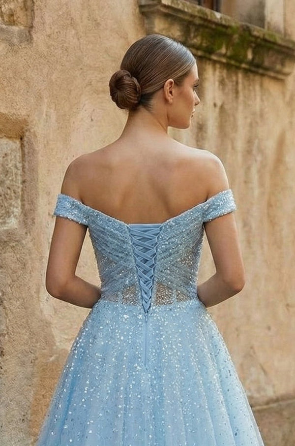 Sparkly Blush Pink Off - the - Shoulder Surplice Long Prom Dress - KissProm
