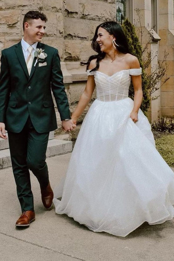 Jayla | Sparkly White - Off-the-Shoulder Surplice Long Prom Dress -KissProm