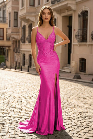 Sexy Mermaid Spaghetti Straps Satin Slit Prom Dress with Hot Stone – Prom Dresses by KissProm | Available at KissProm