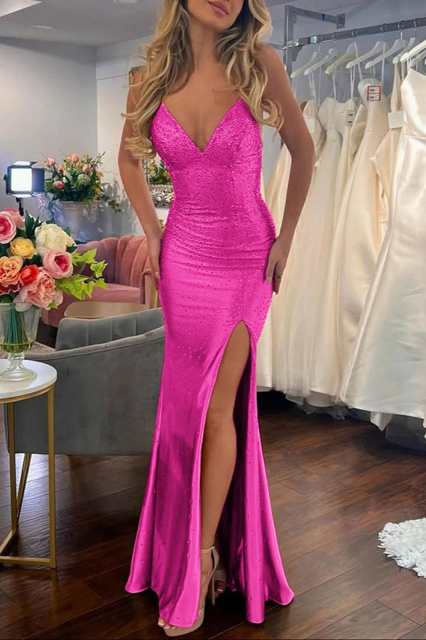 Sexy Mermaid Spaghetti Straps Satin Slit Prom Dress with Hot Stone – Prom Dresses by KissProm | Available at KissProm