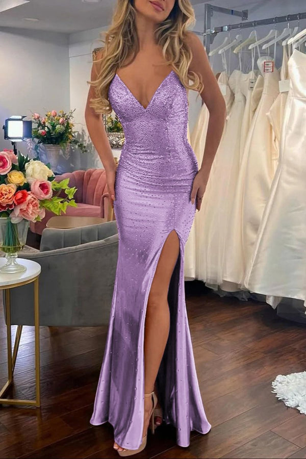 Sexy Mermaid Spaghetti Straps Satin Slit Prom Dress with Hot Stone – Prom Dresses by KissProm | Available at KissProm