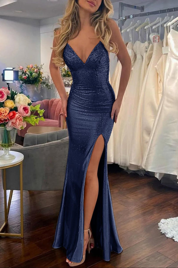 Sexy Mermaid Spaghetti Straps Satin Slit Prom Dress with Hot Stone – Prom Dresses by KissProm | Available at KissProm