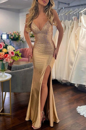 Sexy Mermaid Spaghetti Straps Satin Slit Prom Dress with Hot Stone – Prom Dresses by KissProm | Available at KissProm