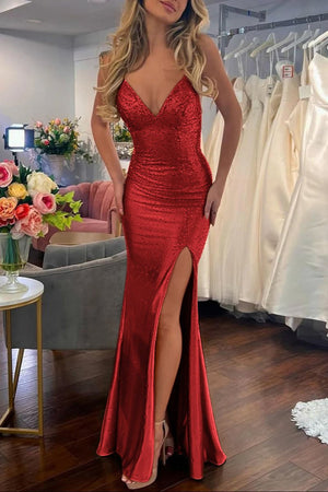 Sexy Mermaid Spaghetti Straps Satin Slit Prom Dress with Hot Stone – Prom Dresses by KissProm | Available at KissProm