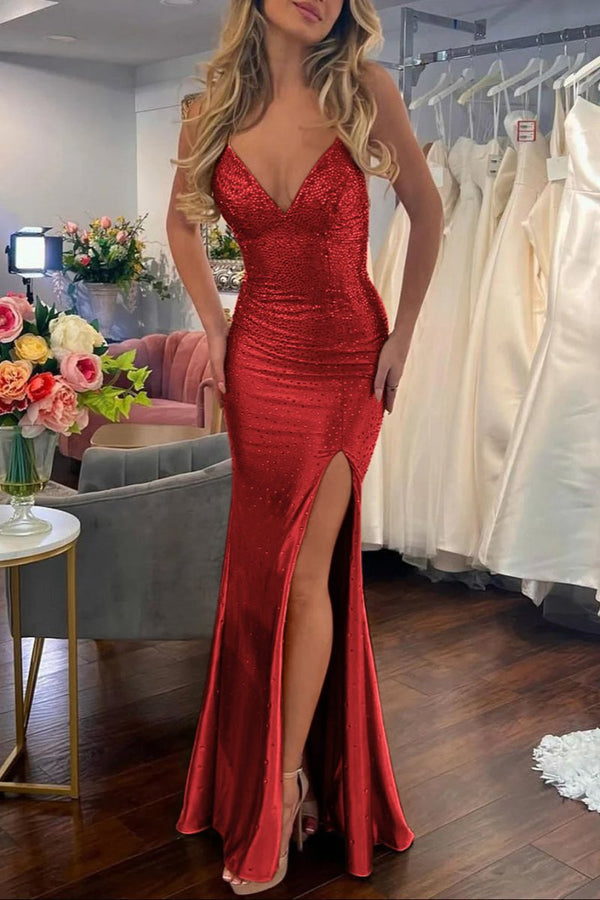 Sexy Mermaid Spaghetti Straps Satin Slit Prom Dress with Hot Stone – Prom Dresses by KissProm | Available at KissProm