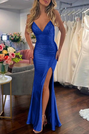 Sexy Mermaid Spaghetti Straps Satin Slit Prom Dress with Hot Stone – Prom Dresses by KissProm | Available at KissProm