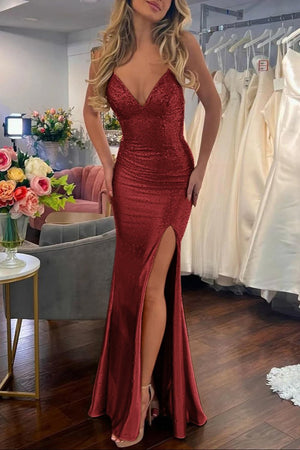 Sexy Mermaid Spaghetti Straps Satin Slit Prom Dress with Hot Stone – Prom Dresses by KissProm | Available at KissProm