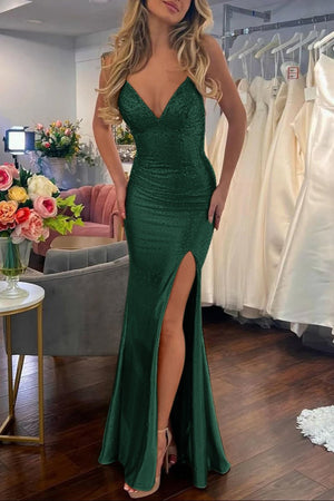 Sexy Mermaid Spaghetti Straps Satin Slit Prom Dress with Hot Stone – Prom Dresses by KissProm | Available at KissProm
