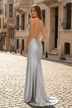 Sexy Mermaid Spaghetti Straps Satin Slit Prom Dress with Hot Stone – Prom Dresses by KissProm | Available at KissProm