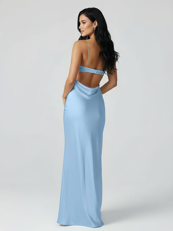 Spaghetti Straps Sheath Aqua Blue Prom Dress Formal Satin Party Dress – Prom Dresses by KissProm | Available at KissProm