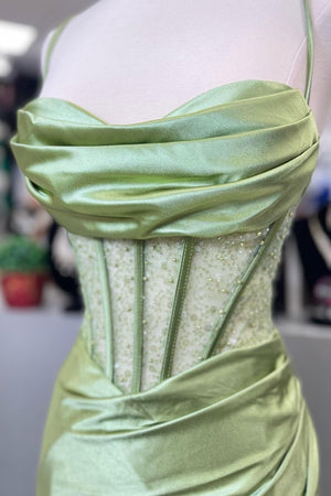 KissProm-Jeni Sage Scoop Neck Satin Mermaid Long Prom Dress with Slit