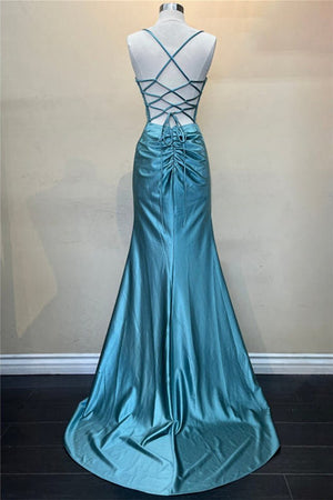 KissProm-Jeni Blue Scoop Neck Satin Mermaid Long Prom Dress with Slit