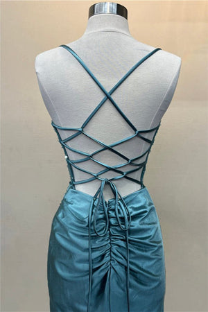 KissProm-Jeni Blue Scoop Neck Satin Mermaid Long Prom Dress with Slit