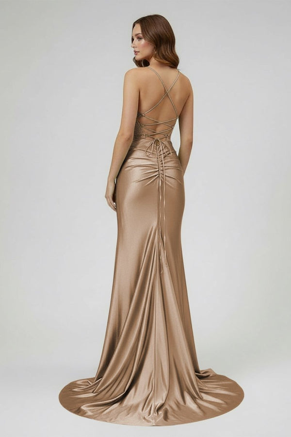 Jeni | Sage Scoop Neck Satin Mermaid Long Prom Dress with Slit - KissProm
