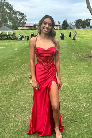 KissProm-Jeni Red Scoop Neck Satin Mermaid Long Prom Dress with Slit