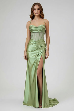 KissProm-Jeni Sage Scoop Neck Satin Mermaid Long Prom Dress with Slit