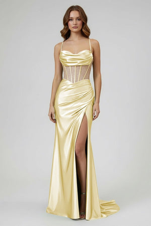 Jeni | Sage Scoop Neck Satin Mermaid Long Prom Dress with Slit - KissProm