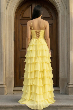 A Line Spaghetti Straps Yellow Long Prom Dress with Ruffles – Prom Dresses by KissProm | Available at KissProm
