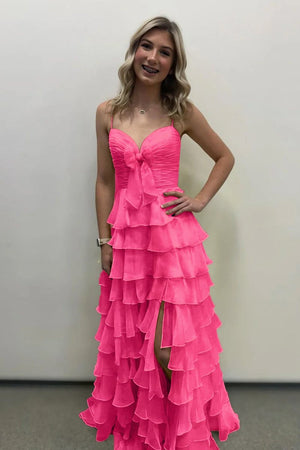 A Line Spaghetti Straps Yellow Long Prom Dress with Ruffles – Prom Dresses by KissProm | Available at KissProm