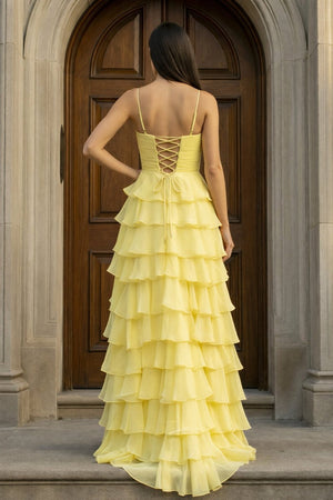A Line Spaghetti Straps Yellow Long Prom Dress with Ruffles – Prom Dresses by KissProm | Available at KissProm