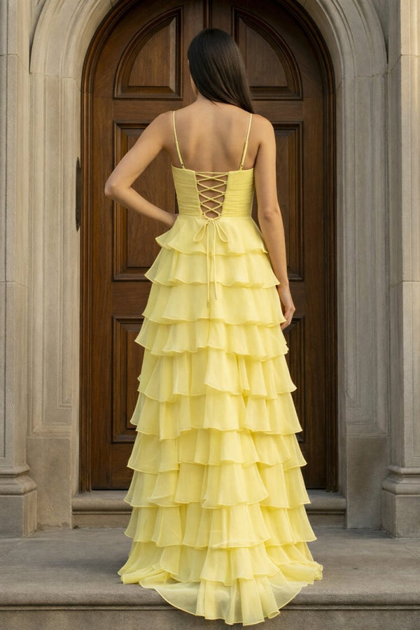 A Line Spaghetti Straps Yellow Long Prom Dress with Ruffles – Prom Dresses by KissProm | Available at KissProm