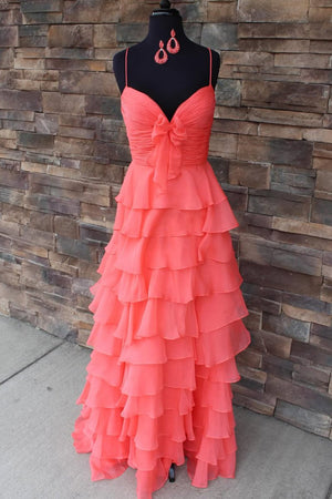 A Line Spaghetti Straps Yellow Long Prom Dress with Ruffles – Prom Dresses by KissProm | Available at KissProm