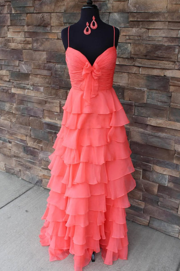 A Line Spaghetti Straps Yellow Long Prom Dress with Ruffles – Prom Dresses by KissProm | Available at KissProm
