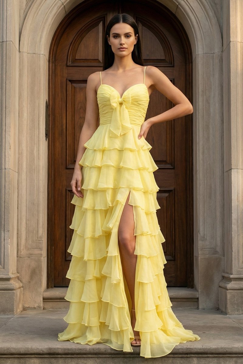 A Line Spaghetti Straps Yellow Long Prom Dress with Ruffles – Prom Dresses by KissProm | Available at KissProm