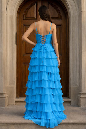 A Line Spaghetti Straps Yellow Long Prom Dress with Ruffles – Prom Dresses by KissProm | Available at KissProm