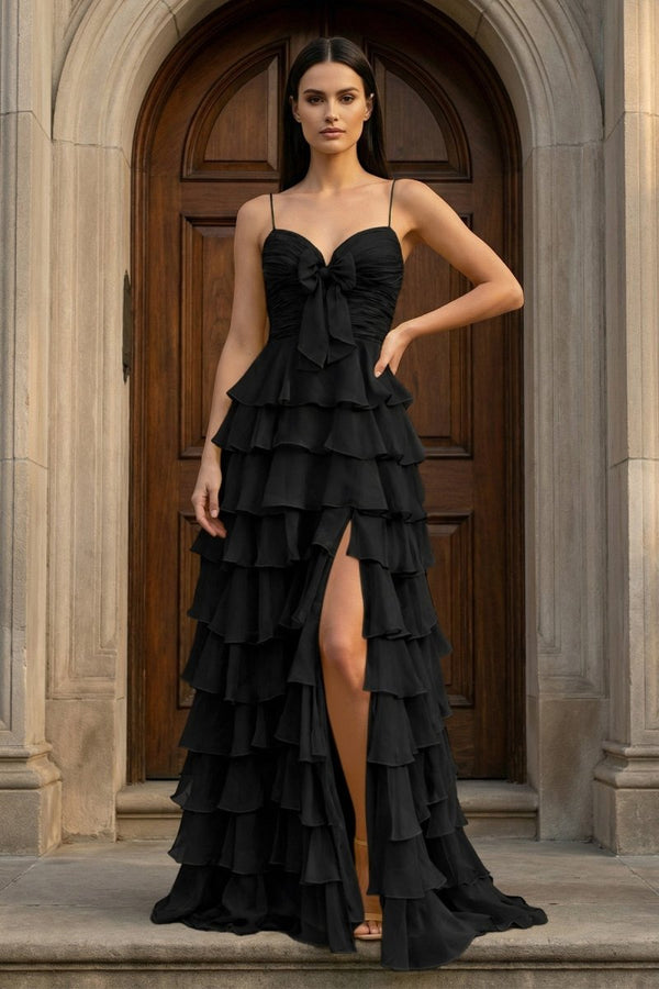 A Line Spaghetti Straps Yellow Long Prom Dress with Ruffles – Prom Dresses by KissProm | Available at KissProm