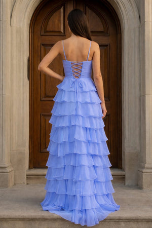 A Line Spaghetti Straps Yellow Long Prom Dress with Ruffles – Prom Dresses by KissProm | Available at KissProm