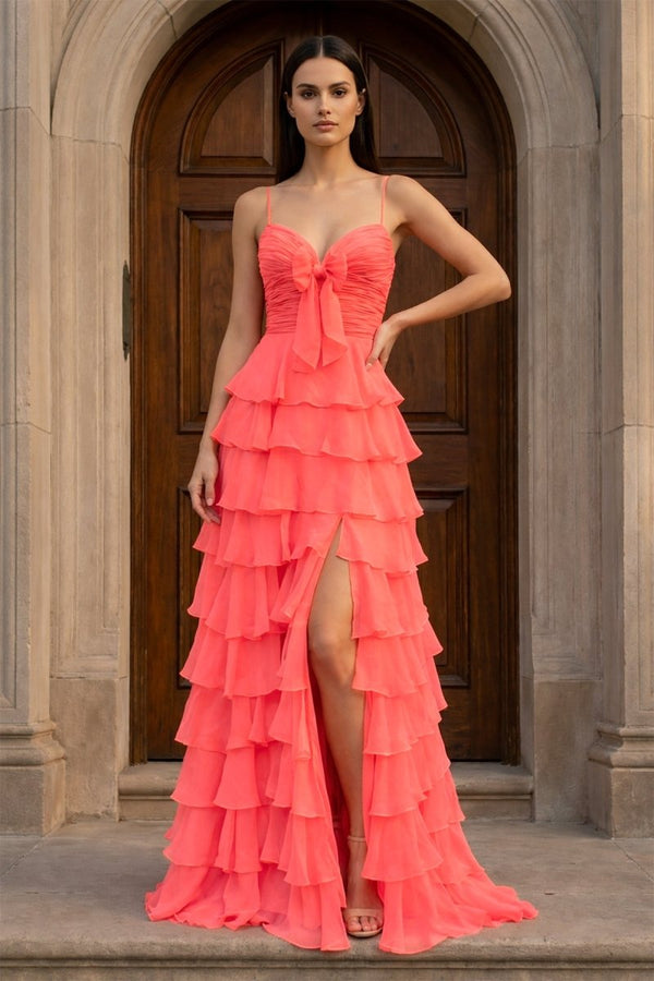 A Line Spaghetti Straps Yellow Long Prom Dress with Ruffles – Prom Dresses by KissProm | Available at KissProm