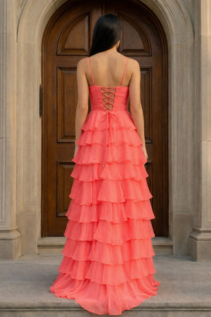 A Line Spaghetti Straps Yellow Long Prom Dress with Ruffles – Prom Dresses by KissProm | Available at KissProm