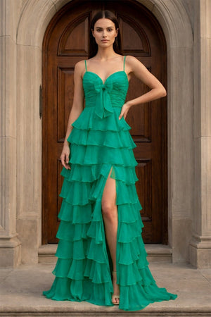 A Line Spaghetti Straps Yellow Long Prom Dress with Ruffles – Prom Dresses by KissProm | Available at KissProm