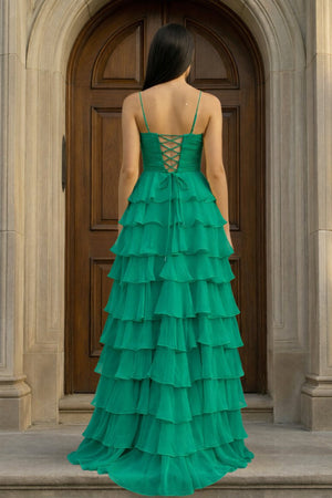 A Line Spaghetti Straps Yellow Long Prom Dress with Ruffles – Prom Dresses by KissProm | Available at KissProm
