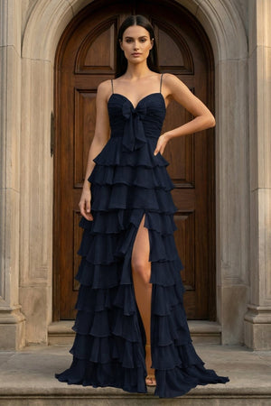A Line Spaghetti Straps Yellow Long Prom Dress with Ruffles – Prom Dresses by KissProm | Available at KissProm