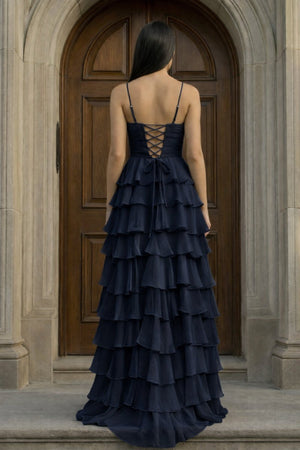 A Line Spaghetti Straps Yellow Long Prom Dress with Ruffles – Prom Dresses by KissProm | Available at KissProm