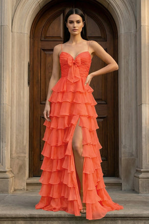 A Line Spaghetti Straps Yellow Long Prom Dress with Ruffles – Prom Dresses by KissProm | Available at KissProm