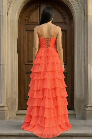 A Line Spaghetti Straps Yellow Long Prom Dress with Ruffles – Prom Dresses by KissProm | Available at KissProm