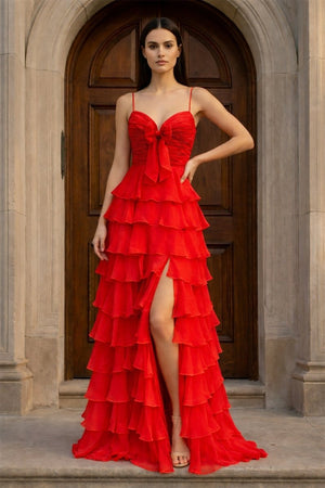 A Line Spaghetti Straps Yellow Long Prom Dress with Ruffles – Prom Dresses by KissProm | Available at KissProm